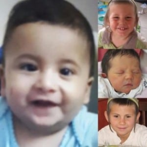 في الصورة: اليمين، الاطفال اليهود الثلاثة الذين قتلوا على يد ارهابي فلسطيني وفي اليسار الطفل الفلسطيني الذي قتل على يد مخربين يهود